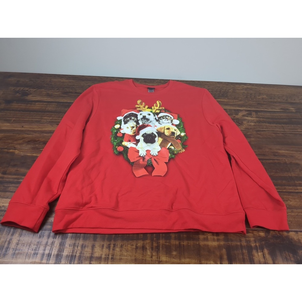 Fifth Sun Womens XL Ugly Christmas Sweatshirt Red‎ Cats & Dogs